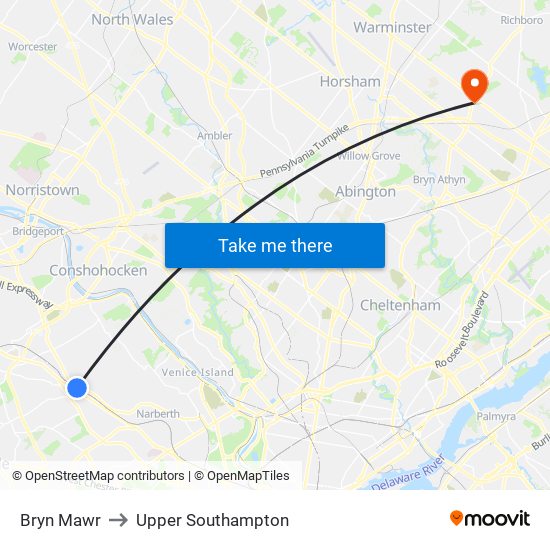 Bryn Mawr to Upper Southampton map