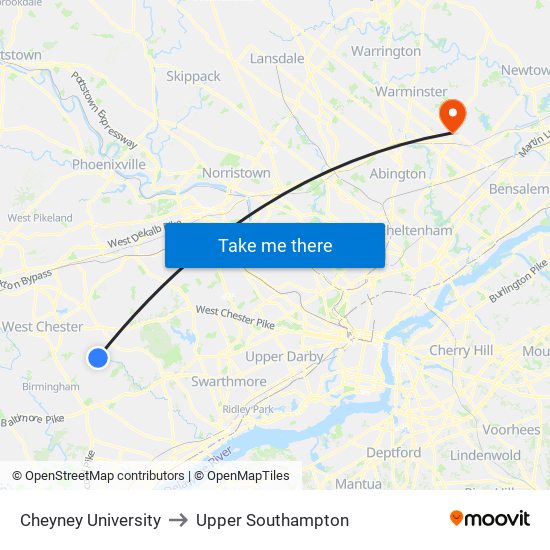 Cheyney University to Upper Southampton map