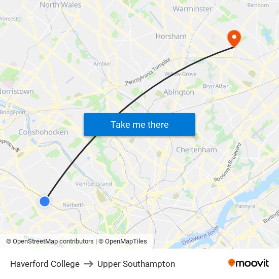 Haverford College to Upper Southampton map