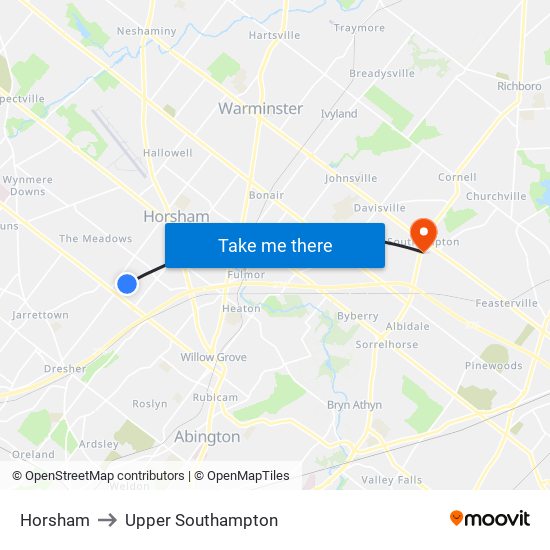 Horsham to Upper Southampton map