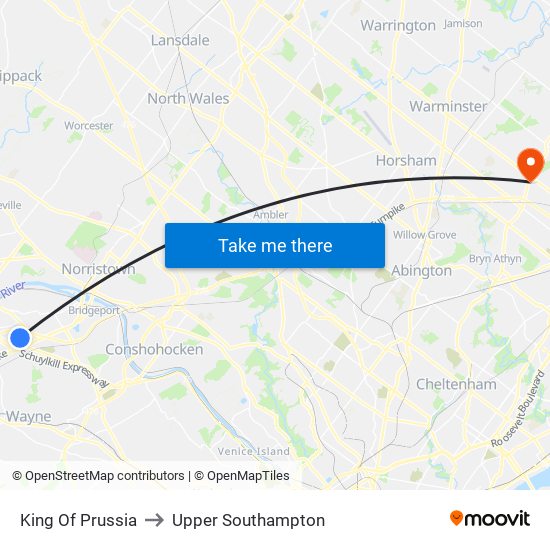 King Of Prussia to Upper Southampton map