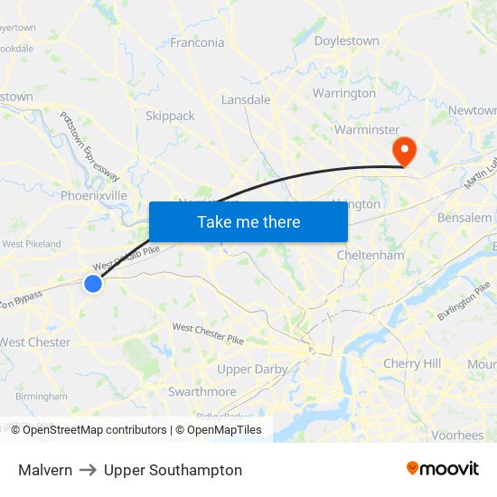 Malvern to Upper Southampton map