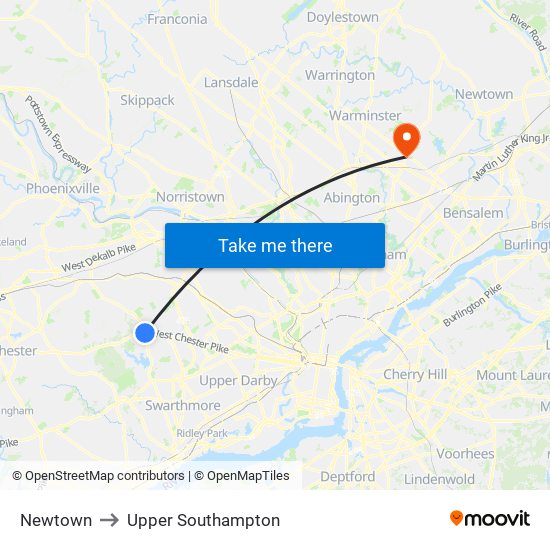 Newtown to Upper Southampton map