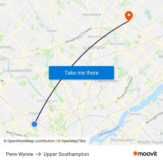 Penn Wynne to Upper Southampton map