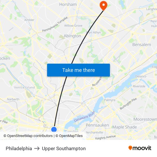 Philadelphia to Upper Southampton map