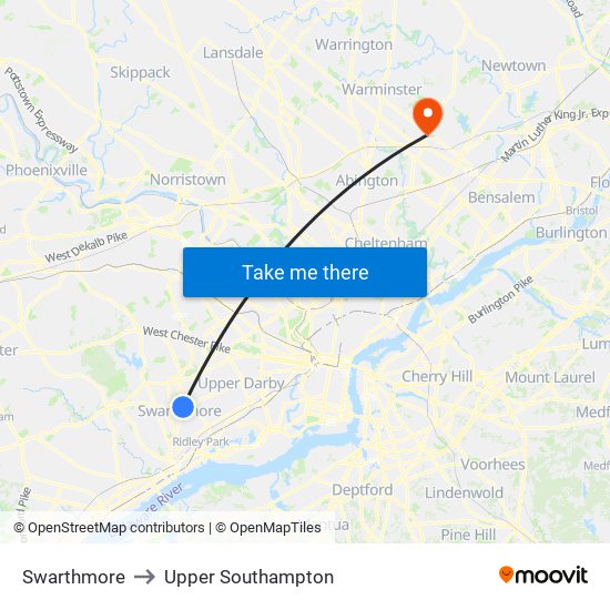Swarthmore to Upper Southampton map