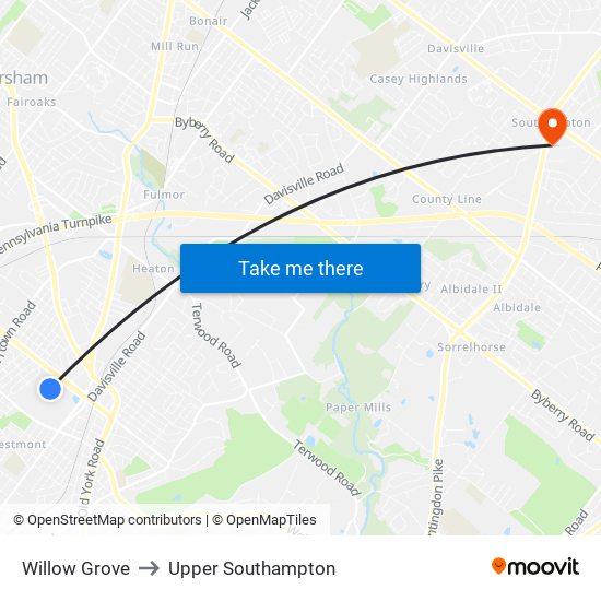Willow Grove to Upper Southampton map