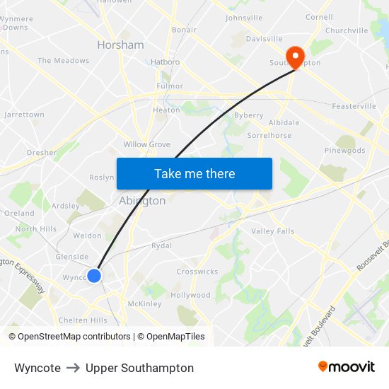 Wyncote to Upper Southampton map