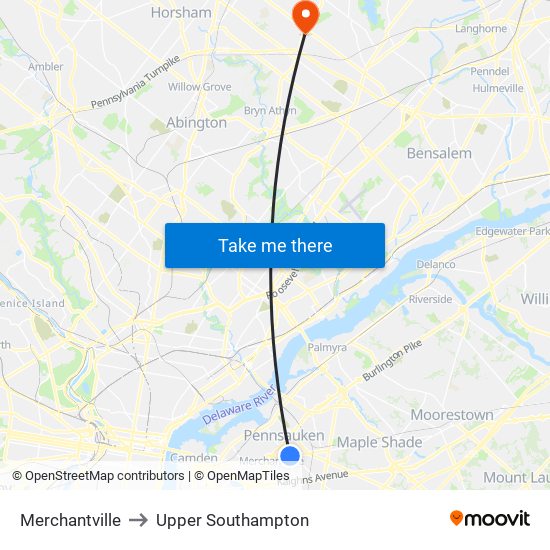 Merchantville to Upper Southampton map