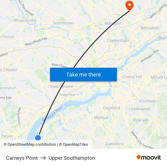 Carneys Point to Upper Southampton map