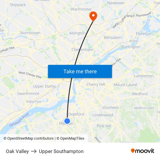 Oak Valley to Upper Southampton map