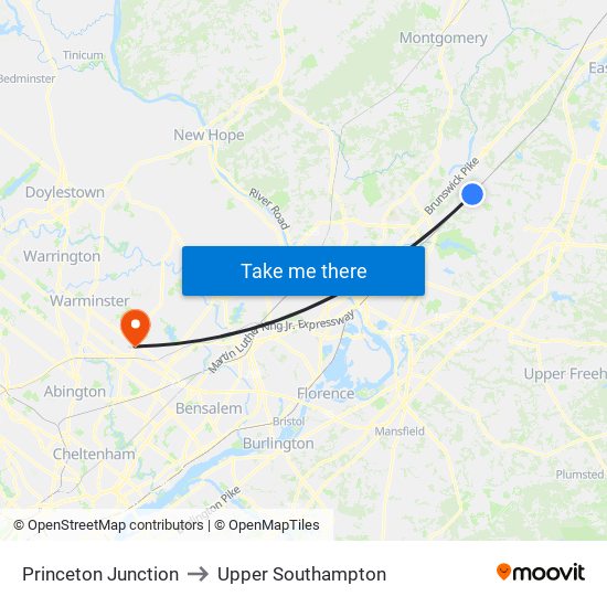 Princeton Junction to Upper Southampton map