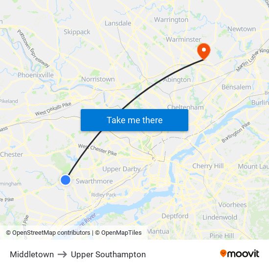 Middletown to Upper Southampton map