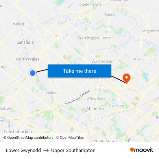 Lower Gwynedd to Upper Southampton map