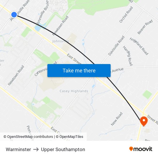 Warminster to Upper Southampton map