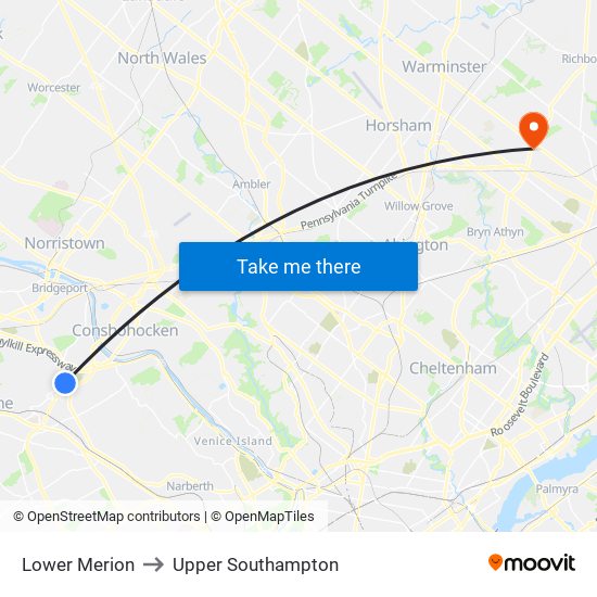 Lower Merion to Upper Southampton map