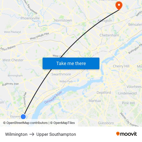 Wilmington to Upper Southampton map