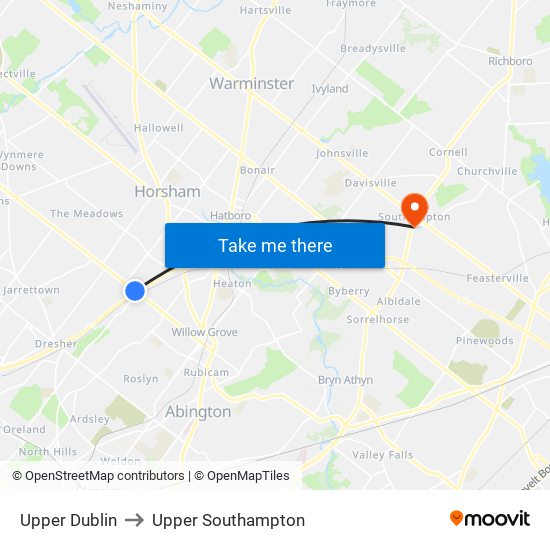 Upper Dublin to Upper Southampton map