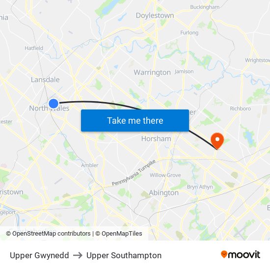 Upper Gwynedd to Upper Southampton map