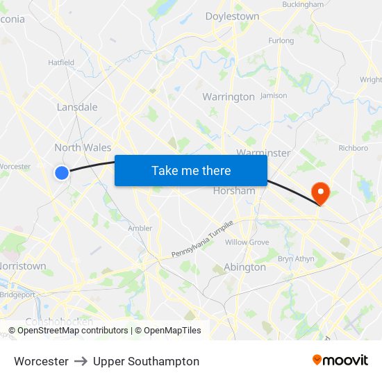 Worcester to Upper Southampton map