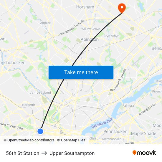 56th St Station to Upper Southampton map