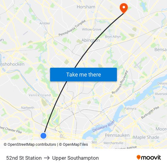 52nd St Station to Upper Southampton map