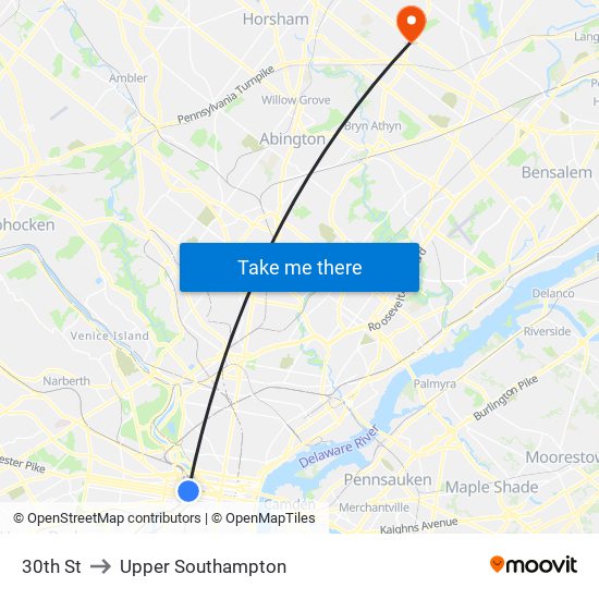 30th St to Upper Southampton map