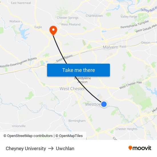 Cheyney University to Uwchlan map