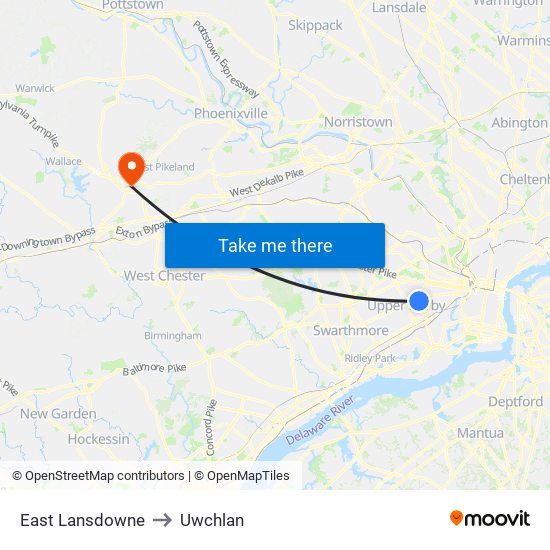 East Lansdowne to Uwchlan map