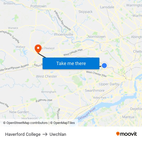 Haverford College to Uwchlan map