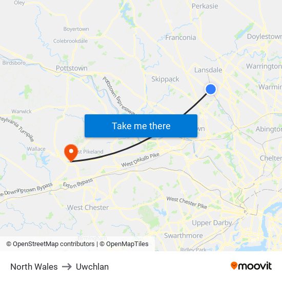 North Wales to Uwchlan map