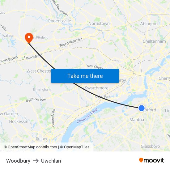 Woodbury to Uwchlan map