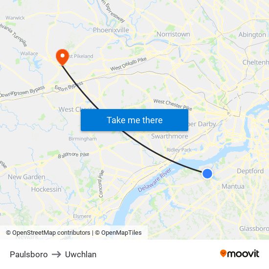 Paulsboro to Uwchlan map
