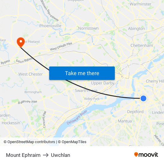 Mount Ephraim to Uwchlan map