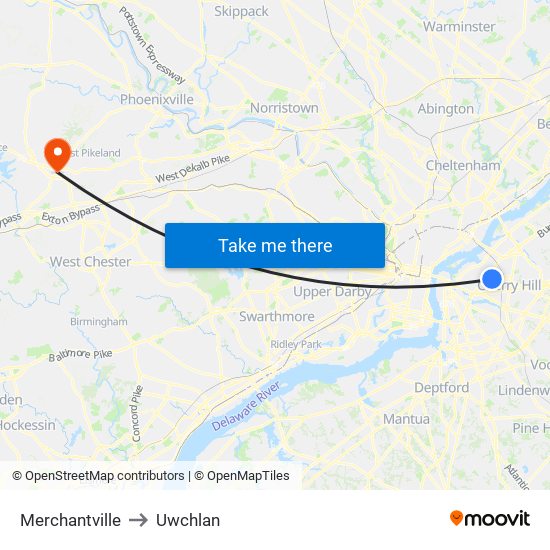 Merchantville to Uwchlan map