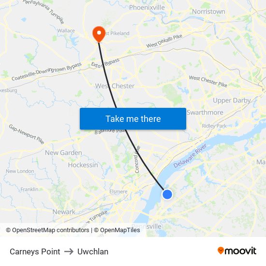 Carneys Point to Uwchlan map