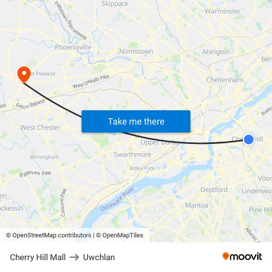 Cherry Hill Mall to Uwchlan map