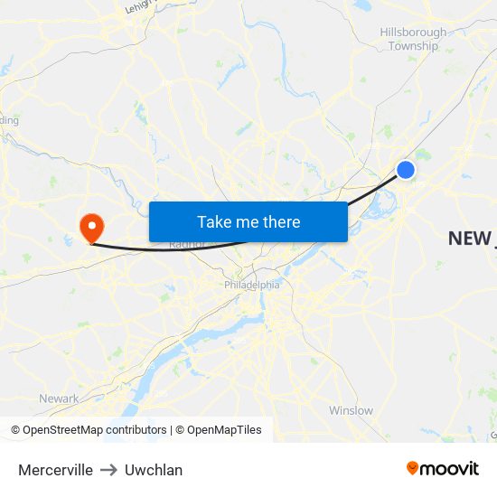 Mercerville to Uwchlan map