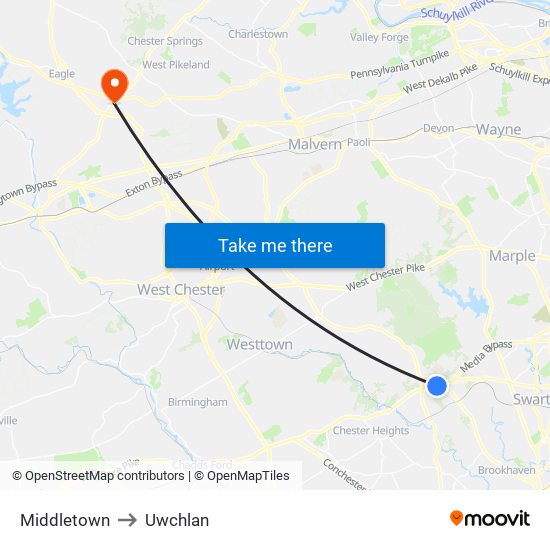 Middletown to Uwchlan map