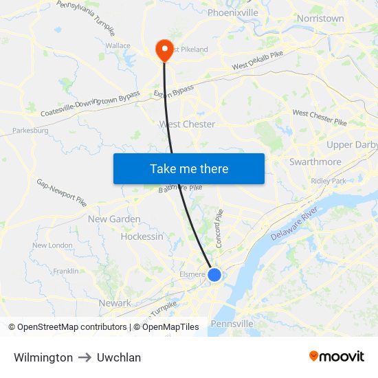 Wilmington to Uwchlan map