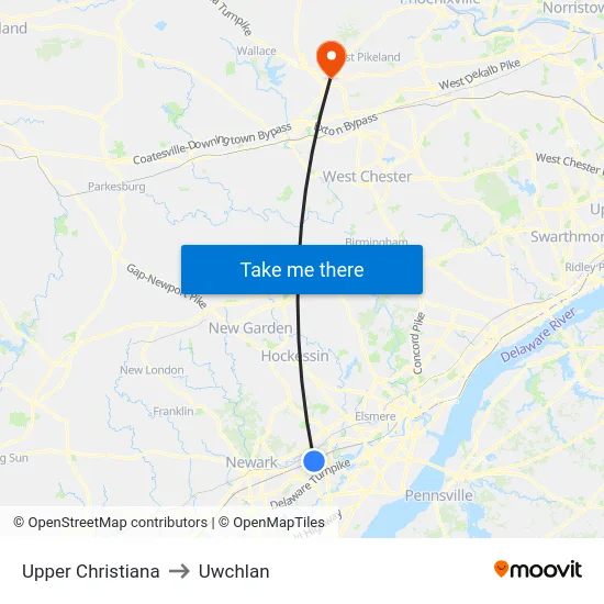 Upper Christiana to Uwchlan map