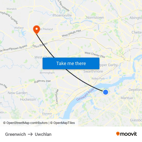 Greenwich to Uwchlan map