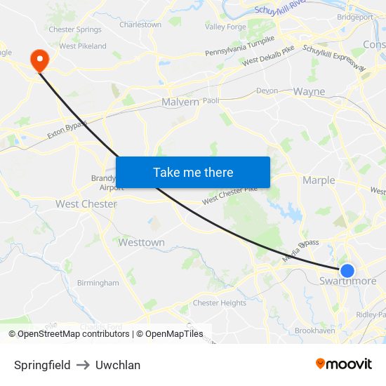 Springfield to Uwchlan map