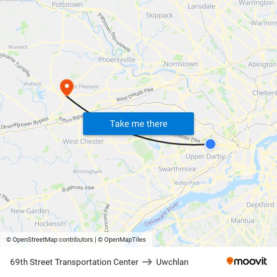 69th Street Transportation Center to Uwchlan map