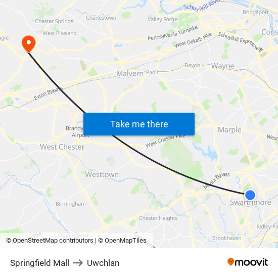 Springfield Mall to Uwchlan map