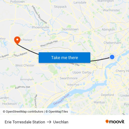 Erie Torresdale Station to Uwchlan map