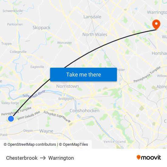 Chesterbrook to Warrington map