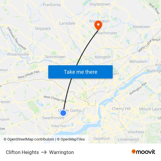 Clifton Heights to Warrington map