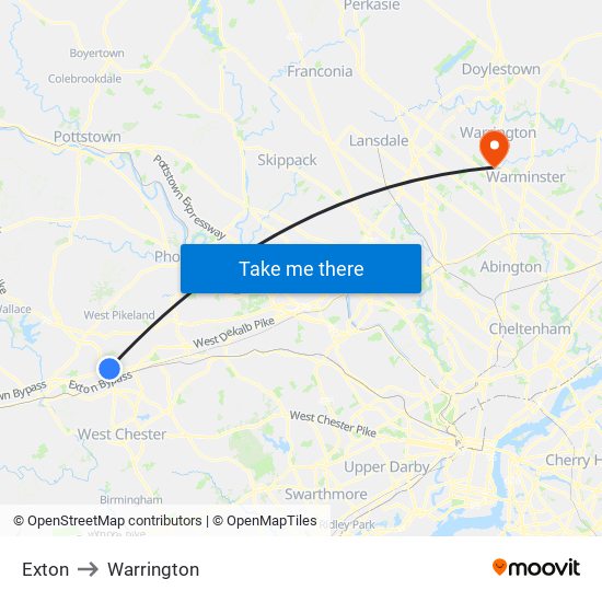 Exton to Warrington map