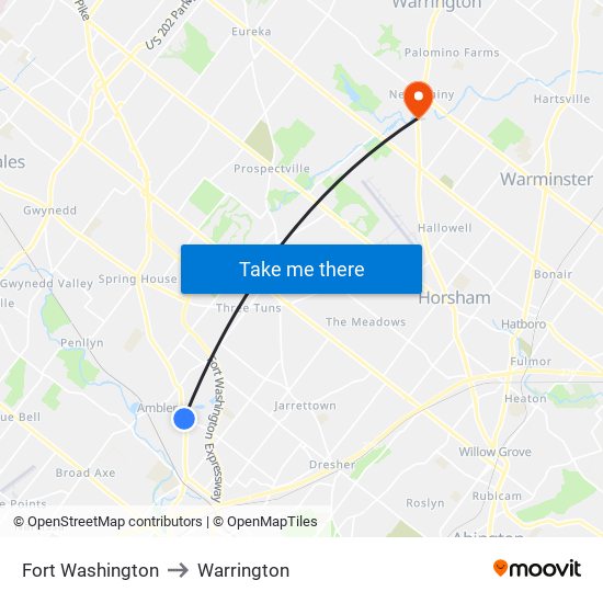 Fort Washington to Warrington map